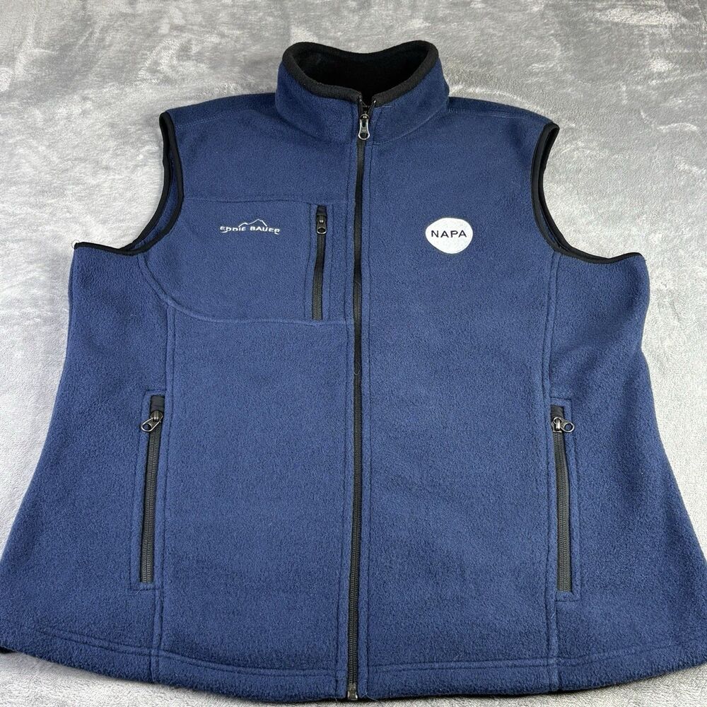 Eddie Bauer Vest Mens Large Full-Zip Fleece Blue‎ Mock Neck Napa Logo
